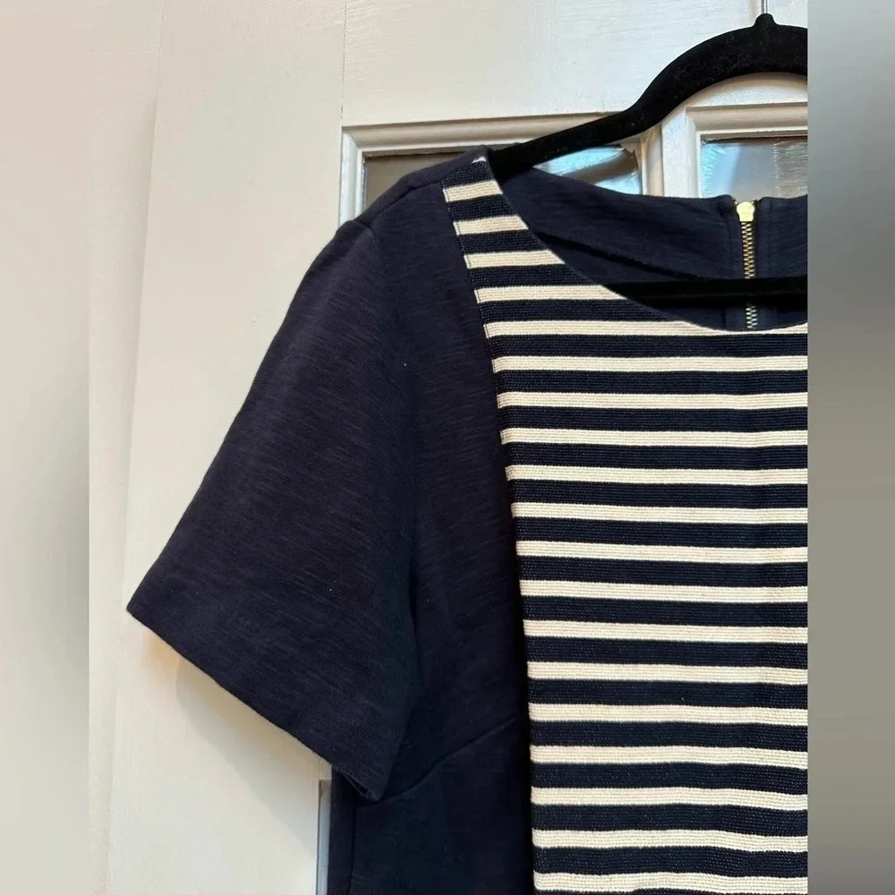J. Crew | Navy Blue Ivory Texture Striped Cotton Shift Dress Women’s Size 10